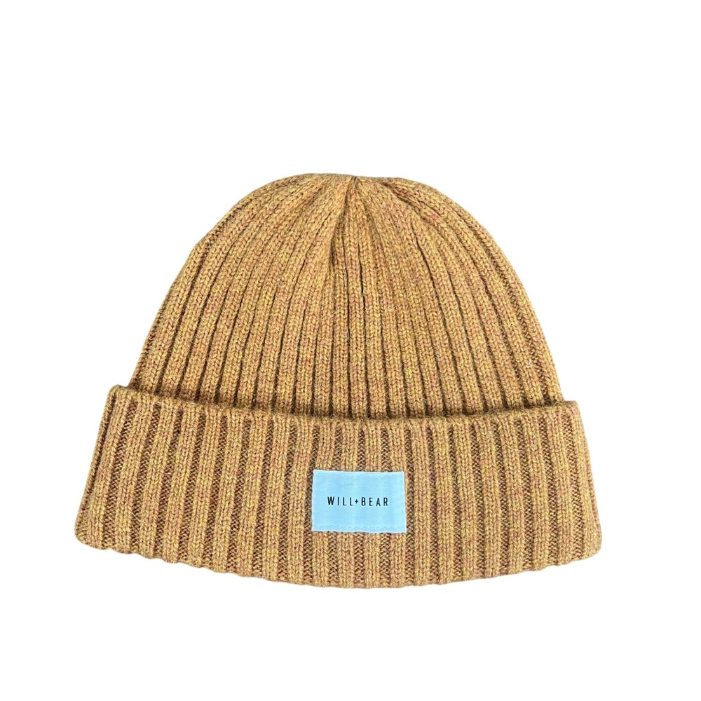 Will & Bear Mustard Yellow 100% Australian Wool Ribbed Beanie Hat One Size